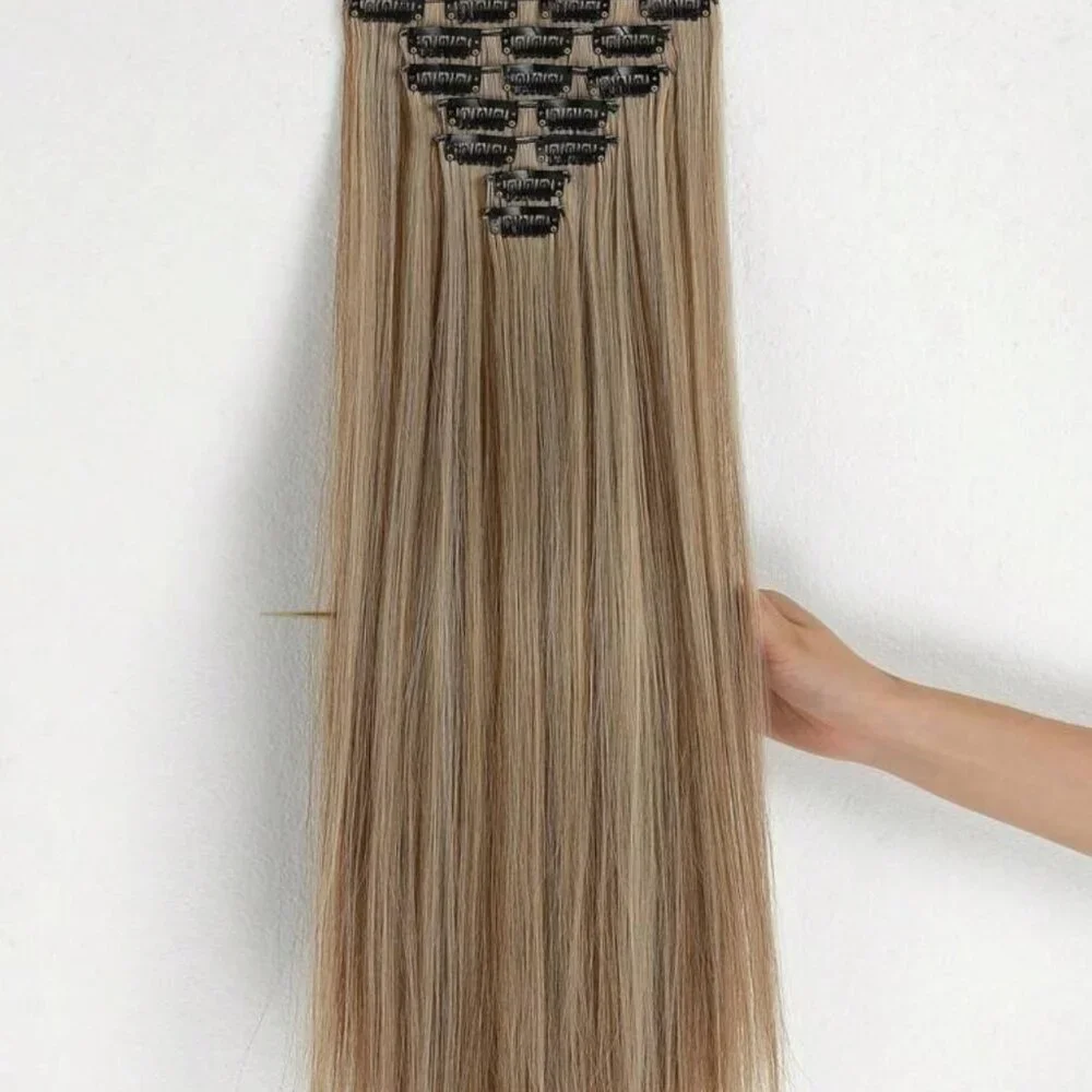 Human hair blend Light Brown With Light Blonde highlights Hair Extensions 24 in